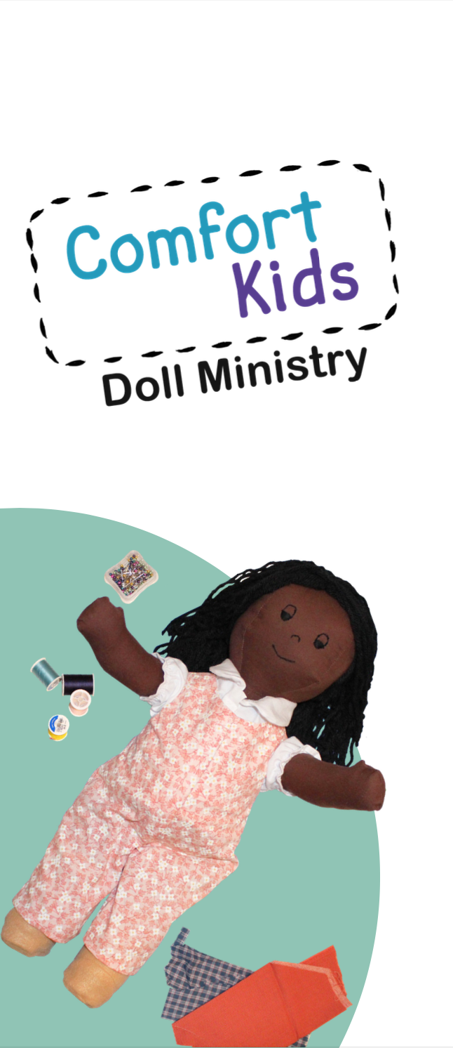 Front cover of Comfort Kids pamphlet featuring a doll and sewing supplies