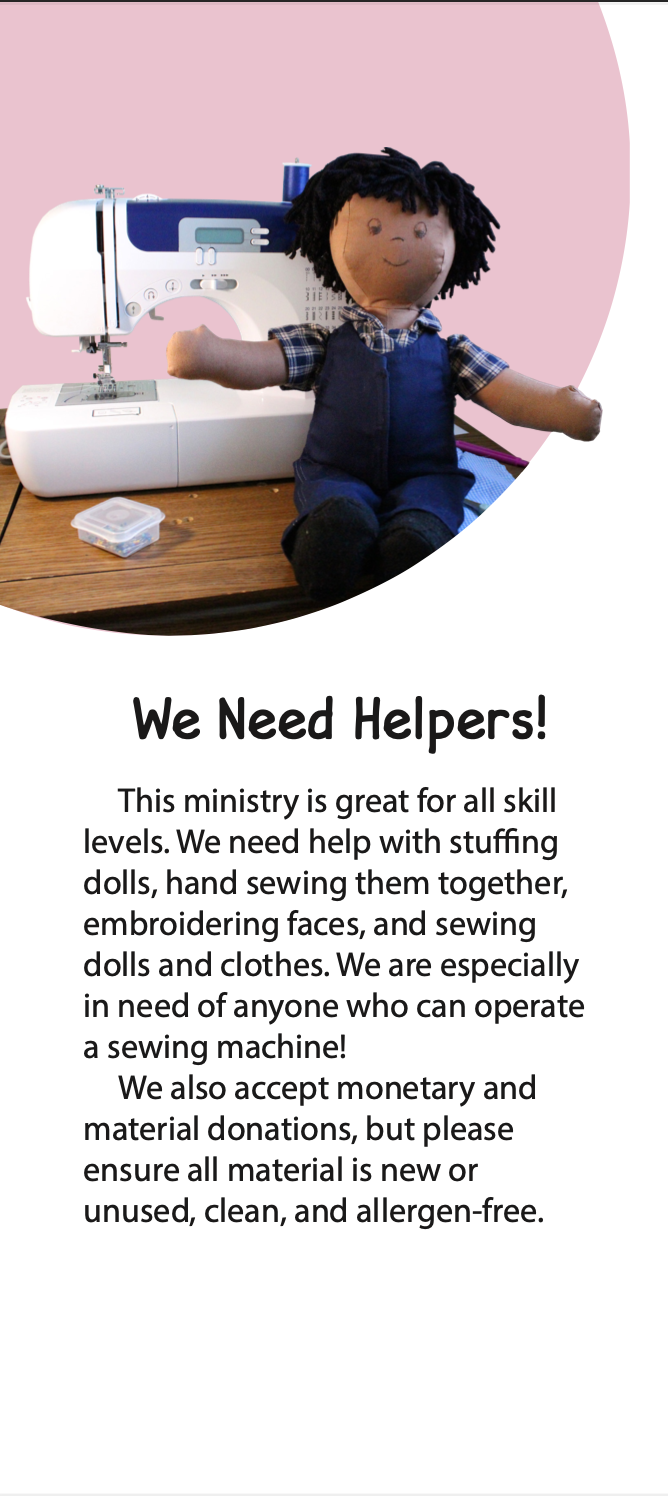 Inside page of pamphlet asking for Helpers and showing a doll sitting beside a sewing machine